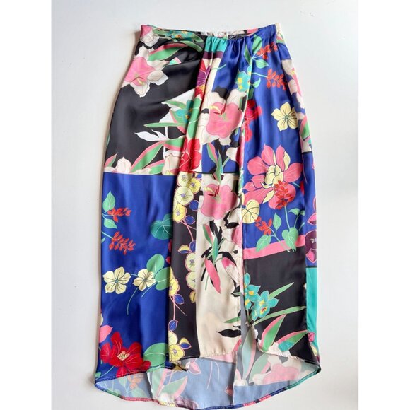 ZARA Floral Patchwork Print Satin Twill Knotted Maxi Pareo Sarong Skirt, Size S - Picture 6 of 16